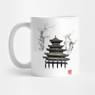 Japanese temple and trees landscape ink painting Mug